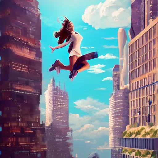 Image similar to spuergirl flying, cityscape, cloud day, artstation, 8 k