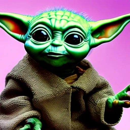 Image similar to hyper realistic Baby Yoda playing on Playstation,