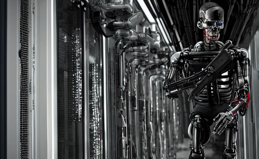 Image similar to terminator without flesh, staying in front of data center room. extreme long shot, high detail, cinematic colors