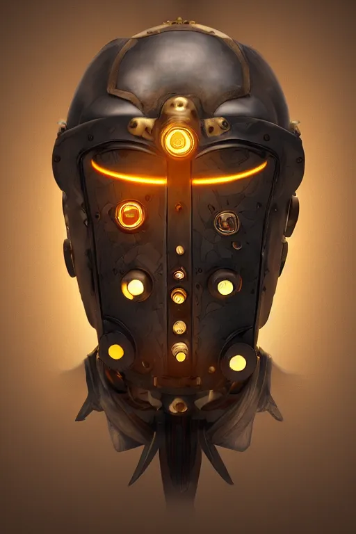 Image similar to steampunk mask minimalist fantasy art robot ninja helmet, global illumination ray tracing hdr fanart arstation by sung choi and eric pfeiffer and gabriel garza and casper konefal radiating a glowing aura