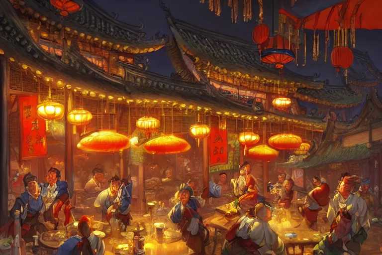 Image similar to fantasy art of a bustling tavern in china, at night, by jesper ejsing, highly detailed digital art, trending on artstation