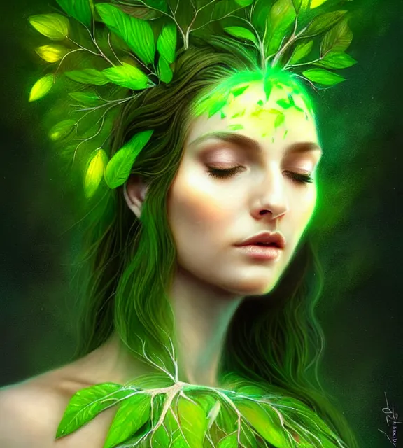 Image similar to beautiful female druid wearing green leaf halter top transforming into a tree, perfect face, dark green leaf hair, with abs, cinematic, blush, stunning, elegant, highly detailed, psychedelic, digital painting, artstation, smooth, hard focus, illustration, art by jessica rossier and and brian froud