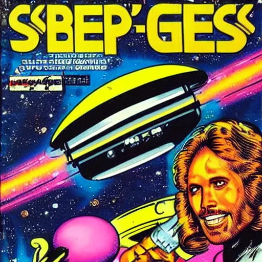 Prompt: 80s comic book sci-fi space ship in the shape of bee gees barry gibb's head, flying through outer space,