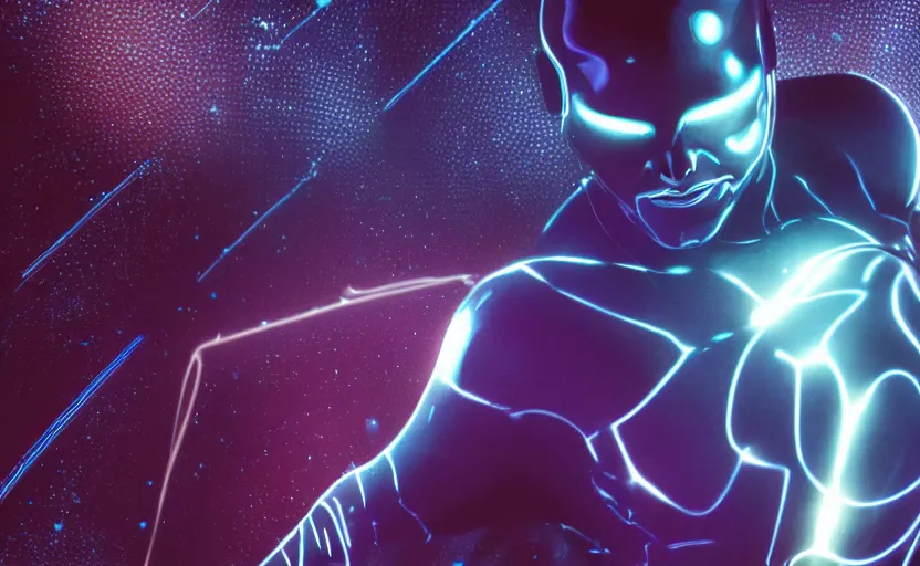 Prompt: silver surfer by bill sienkiewicz, stellar, macro up view metallic, tron, close up bokeh hiperrealistic neon glow darkness dramatic neon, sharp focus, octane render, imax