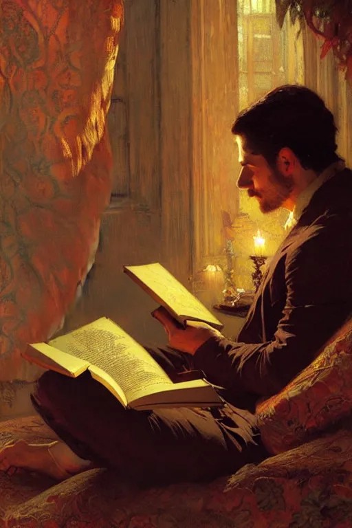 Image similar to attractive man reading books at night, painting by gaston bussiere, craig mullins, greg rutkowski, alphonse mucha