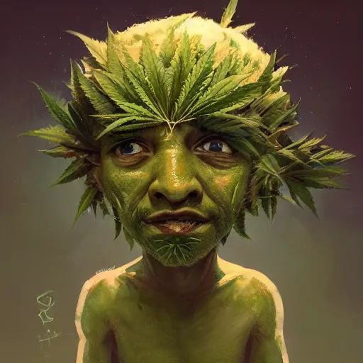 Image similar to a cute little man made of hemp, with a head in the form of a cannabis bloom, like baby grut, green skin, character, art by james jean and greg rutkowski!!, realistic face, digital art, chibi style, golden ratio, perfect composition, trending on artstation, 8 k