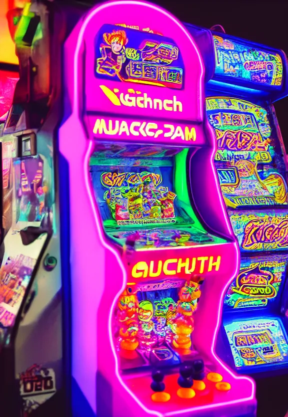 Image similar to cyberpunk gashapon machine, neon sign that says glitch, in an arcade