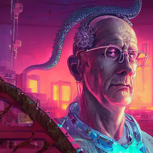 Prompt: hank hill from king of the hill tv show, ancient high tech, cyberpunk, dystopian, jellyfish phoenix dragon, butterfly squid, burning halo, intricate artwork by Tooth Wu and wlop and beeple, greg rutkowski, very coherent symmetrical artwork, cinematic, hyper realism, high detail, octane render, unreal engine, 8k, Vibrant colors, Smooth gradients, High contrast, depth of field, aperture f1.2