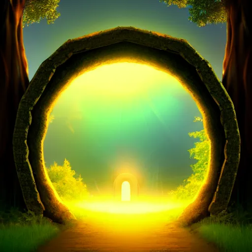 Prompt: Forest at night with a portal leading into a sunny world. Gloomy, forest at night. Stone archway, centralized. The portal leads into a sunny world. Highly detailed, trending on artstation.