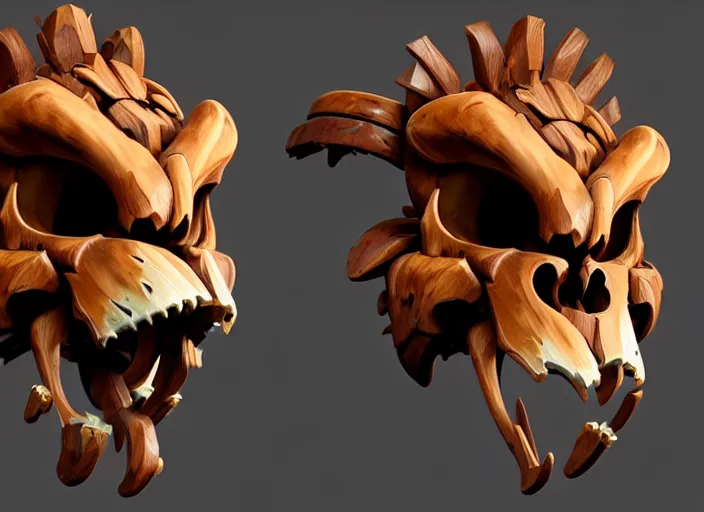 Image similar to brown wooden festeroot lion skull treant head, stylized stl, 3 d render, activision blizzard style, hearthstone style, darksiders art style, greg rutkowski style