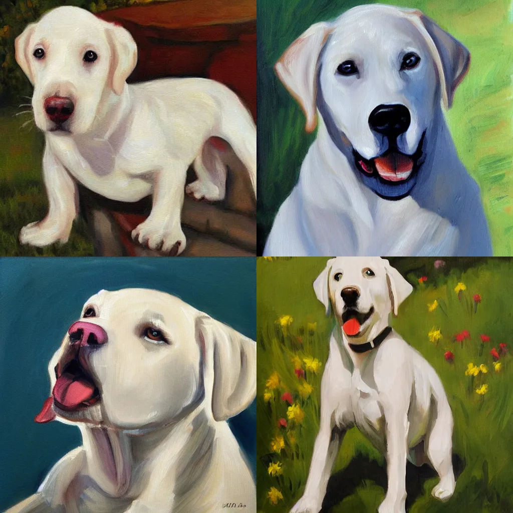 Prompt: white labrador retriever face, excited, romantic painting style