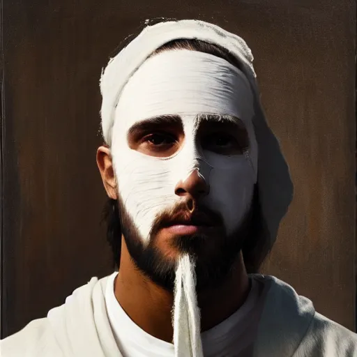 Prompt: a full body lookbook portrait of modern - day jesus wearing cream fear of god menswear collection by nicola samori, hat and hoodie, detailed, oil painting, hyper - realistic, 8 k, yeezy collection