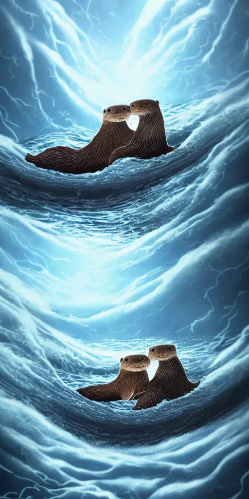 Image similar to An adorable otter saving his sleeping wife from the whirlpool, in love, holding hands side by side, in the middle of a super scary storm at sea, thunder, lightning, waves, fantasy illustration, cinematic, award winning, romantic, detailed trending on artstation, masterpiece