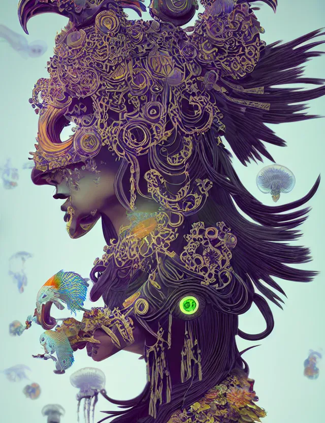 Image similar to 3 d goddess close - up profile solarpunk portrait ram skull. beautiful intricately detailed japanese crow kitsune mask and clasical japanese kimono. betta fish, jellyfish phoenix, bio luminescent, plasma, ice, water, wind, creature, artwork by tooth wu and wlop and beeple and greg rutkowski