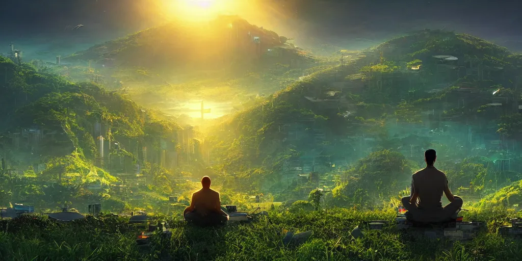 Prompt: a cinematic composition depicting : a computer run solarpunk civilization encroaching on a degrading cyberpunk world, on top of the mountain a man sits in a lotus pose overlooking a hopeful and lush foresty solarpunk valley at sunrise