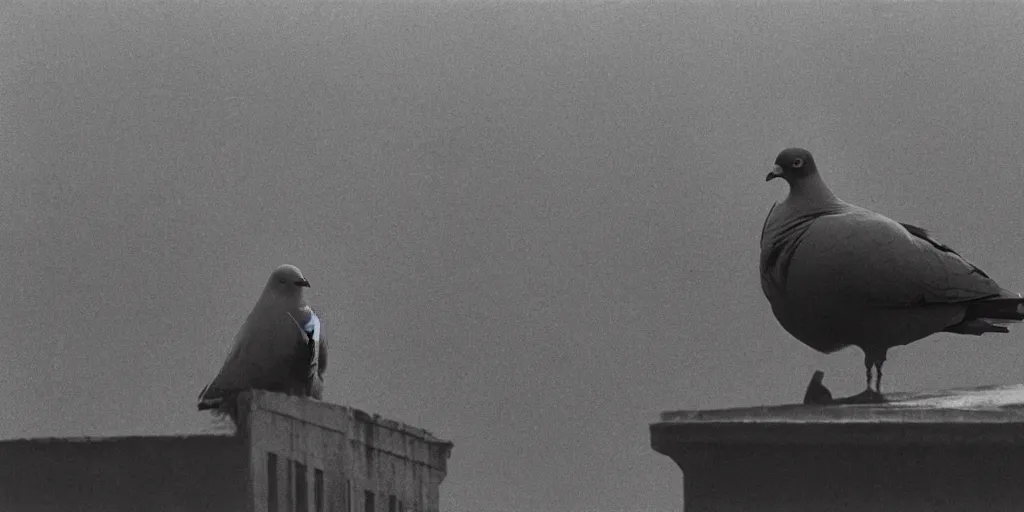 Prompt: detailed medium format photo, polaroid still from tarkovsky movie, giant pigeon sitting on a newy york building rooftop, haze, high production value, intricate details, 8 k resolution, hyperrealistic, hdr, photorealistic, high definition, tehnicolor, award - winning photography, masterpiece, amazing colors
