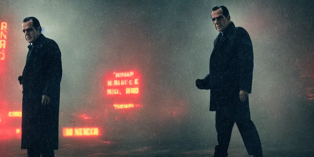 Image similar to Richard Nixon in Blade Runner 2049, high contrast, high saturation cinematic film still