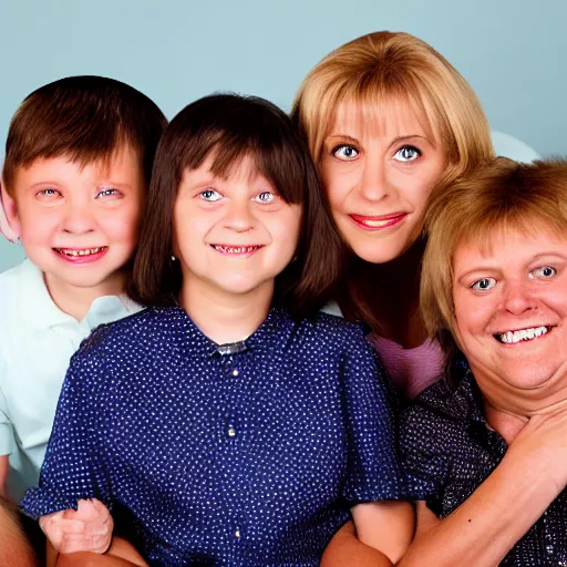 Prompt: family portrait studio of ugly family big eyes bad awful teeth and smile, horrible scary family laughter