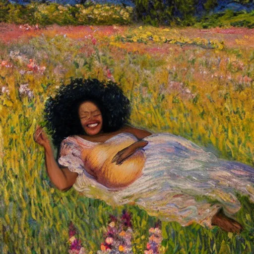 Image similar to pregnant black woman with curly hair in a vast field of flowers, laying down, a tiny black puppy running around, golden hour, vintage, impressionist painting, fine art, oil painting, dreamy, pastel, laughing, happy, intricate details, sharp, peaceful, serene