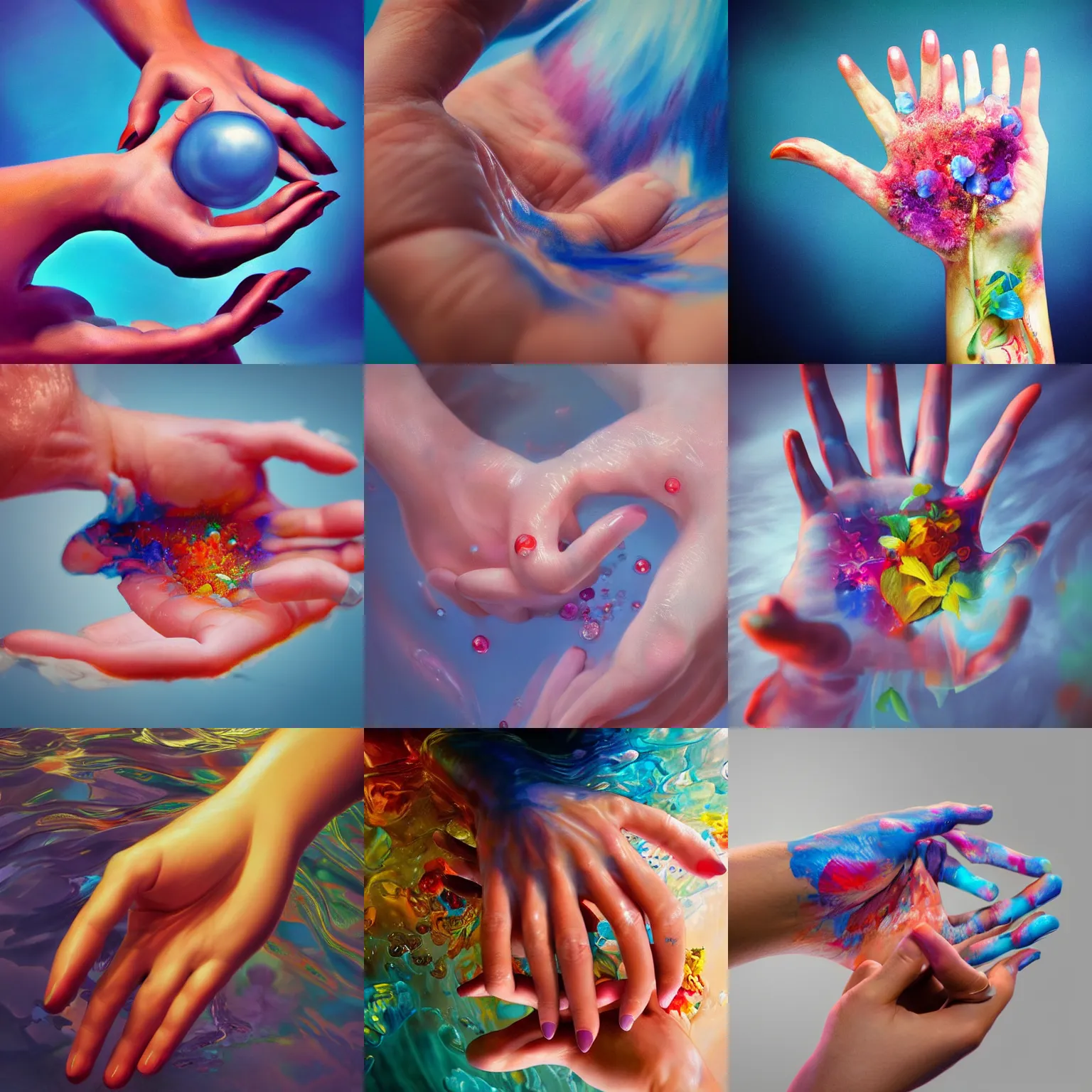 Prompt: very beautiful hand submerged in colorful oils, realism, extreme detail, real life, soft light, volumetric light, 3 d shadows, james jean, photoshoot