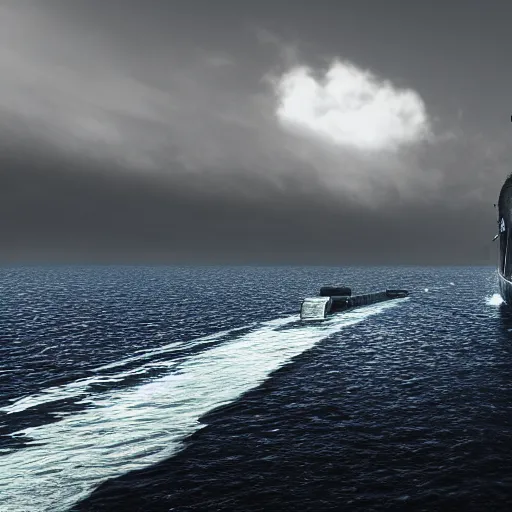 Prompt: 4 k render of a world war 2 german submarine underwater, cinematic, dramatic, dark ambience, deep sea