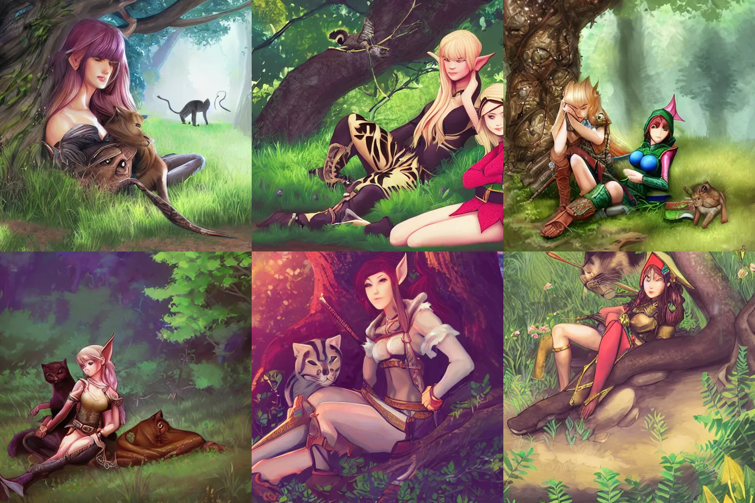 Prompt: Female elf ranger resting under a tree with her panther companion, digital illustration, vibrant, by Kishida Mel