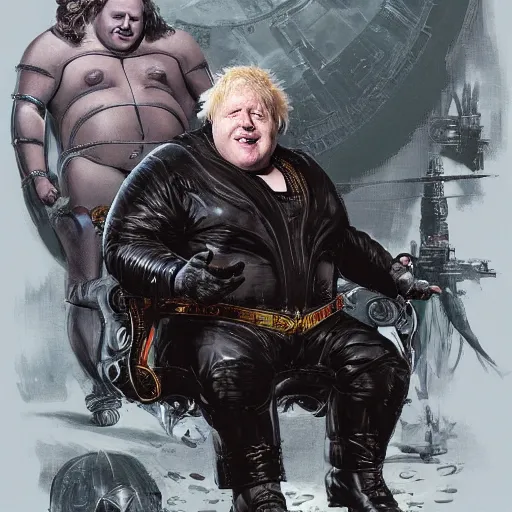 Image similar to boris johnson as baron harkonnen wearing a leather spacesuit and sitting on a throne flanked by dark priestesses, by normal rockwell and greg staples and craig mullins, science fiction character concept art, artstation - H 832