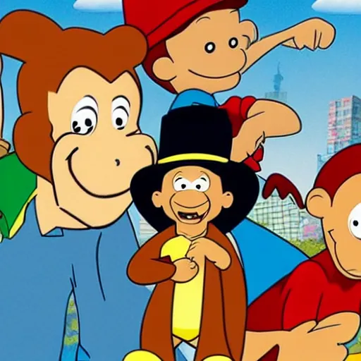 Prompt: Curious George with the cast of Arthur cartoon