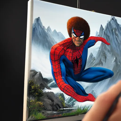 Image similar to a closeup photorealistic photograph of bob ross working on a canvas painting of spiderman. film still. brightly lit scene. mountains and trees. this 4 k hd image is trending on artstation, featured on behance, well - rendered, extra crisp, features intricate detail, epic composition and the style of unreal engine.