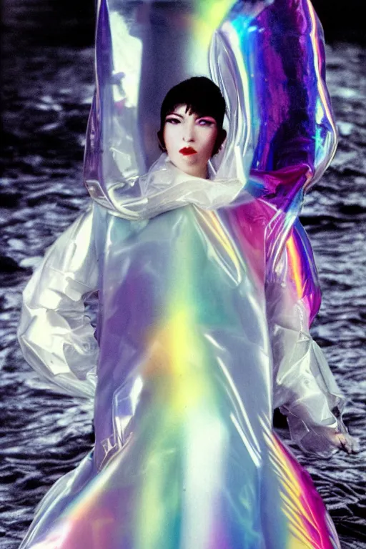 Prompt: Beautiful Sergey Piskunov style seinen manga Fashion photography portrait 1980s movie still from iod racing in bermuda dance scene of feminine dancer, wearing translucent refracting rainbow diffusion wet plastic zaha hadid designed specular highlights raincoat, half submerged in heavy nighttime paris floods, water to waste, , épaule devant pose;pursed mouth; mercury white lipstick;,pixie hair,;oversized emerald eyes;eye contact;,petite nose; by Nabbteeri, ultra realistic, Kodak , 8K, 15mm lens, three point perspective, chiaroscuro, highly detailed, by moma, by Nabbteeri
