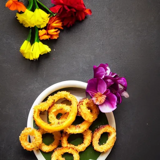 Image similar to Onion rings served with edible flowers, recipe photograph