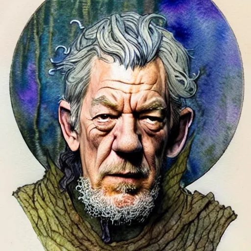 Image similar to a realistic and atmospheric watercolour fantasy character concept art portrait of ian mckellen as a druidic warrior wizard looking at the camera with an intelligent gaze by rebecca guay, michael kaluta, charles vess and jean moebius giraud