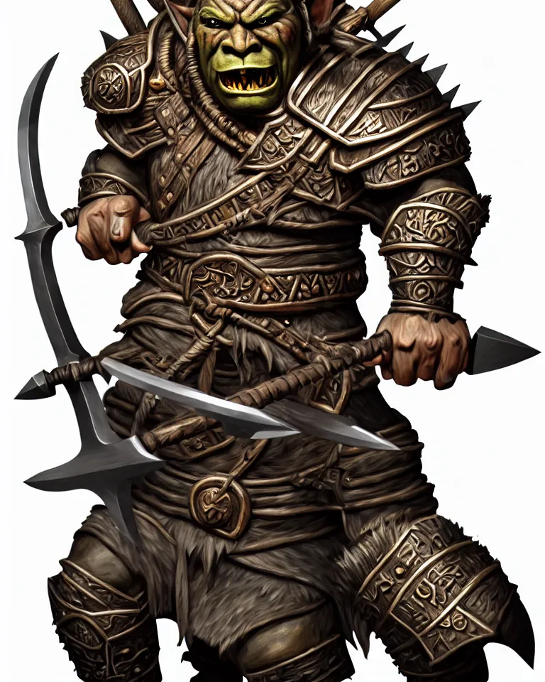 Prompt: a portrait of an orc warrior holding a metal battle axe with an intricate wooden carved hilt, in the style of riot games arcane