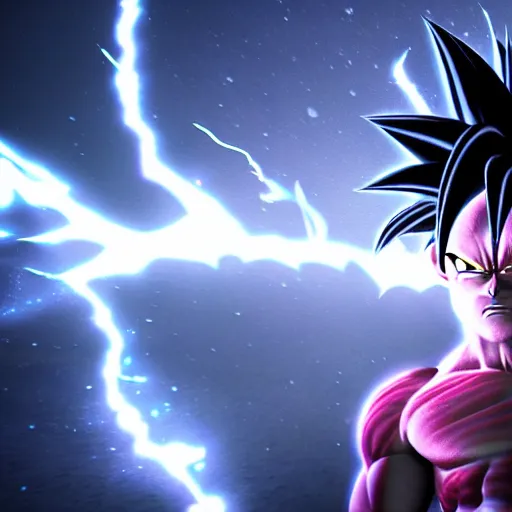 Prompt: full shot of angry darkness goku super saiyan at moonlight, snowing, lightning bolt, eruption, detailed, unreal engine 4k volumetric light, fog,