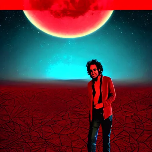 Image similar to gustavo cerati on a red moon, digital art