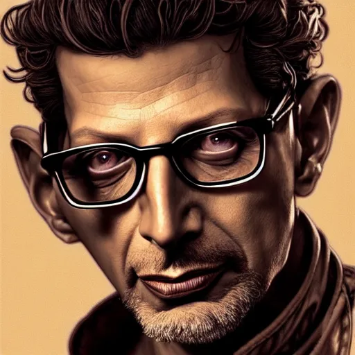 Image similar to full portrait of jeff goldblum as duke nukem, fantasy, d & d, intricate, detailed, by by alphonse mucha, adolfo hohenstein, alice russell glenny, stanley artgerm lau, greg rutkowski, detailed, trending on artstation, trending on artstation, smooth