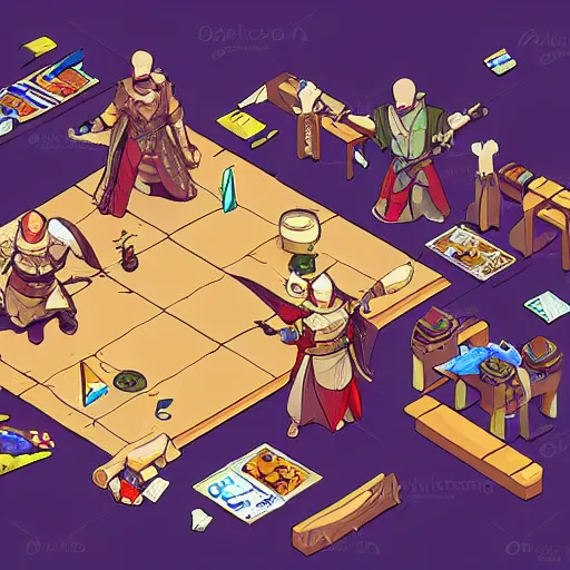 Prompt: isometric rendering of a group playing Dungeons and Dragons, Illustration, isometric, rendering, High Detail