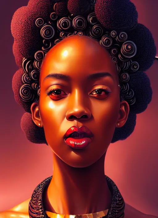 Prompt: portrait of young black woman with bantu knots, afro - futurist style, intricate, elegant, exploding nebulae, highly detailed, digital painting, artstation, concept art, smooth, sharp focus, illustration, art by wlop, mars ravelo and greg rutkowski