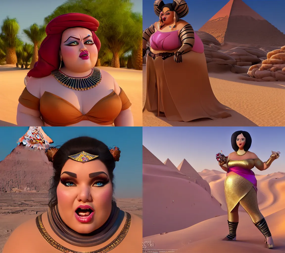 Prompt: hyperdetailed chubby female Disney villain, egyptian, arrogant look, beautiful 3D render, 8k, octane render, stylized, in the desert