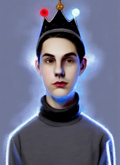 Image similar to portrait of teenage jughead jones wearing a light grey crown, crown, blue turtleneck, 1 9 5 0 s, closed eyes, photorealistic, black hair, glowing lighting, intricate, elegant, glowing lights, highly detailed, digital painting, artstation, concept art, smooth, sharp focus, illustration, art by wlop, mars ravelo and greg rutkowski