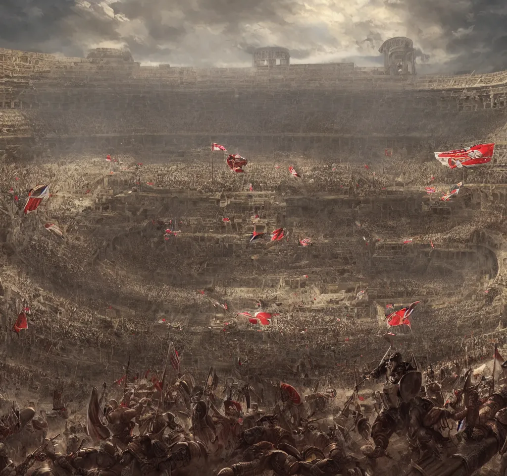 Image similar to Roman Gladiator at battle in a giant coliseum, wide angle shot, Flags on pillars , cinematic lightning, medium shot, mid-shot, highly detailed, trending on artstation, Unreal Engine 4k, cinematic, very highly Detailed, digital, HDR, Kodak Ektar, wide-angle lens, 3D concept art by Greg Rutkowski, Gary Houston, Stephan Martiniere and Alexander Fedosav