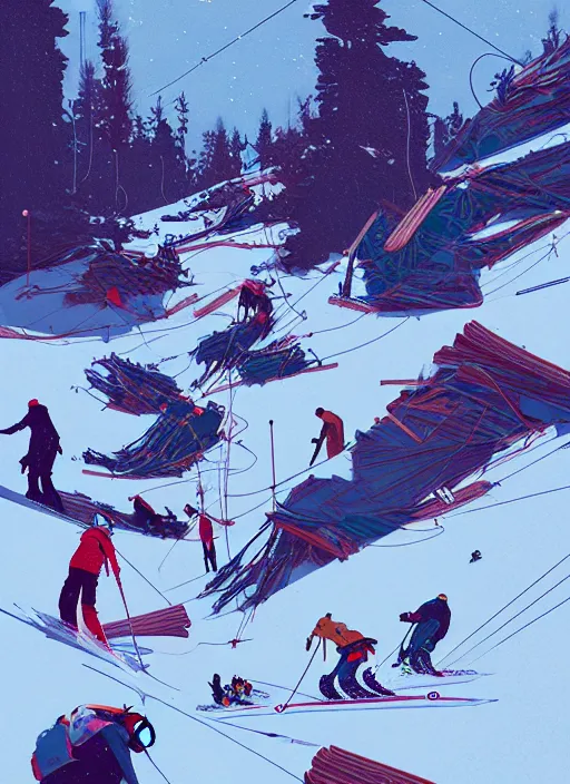 Image similar to by moebius and atey ghailan | the bottom of a ski slope with a huge pile of tangled up skiers |