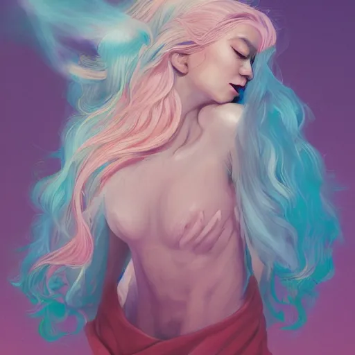 Image similar to beautiful magic angel with flowing pink hair, full body, blue piercing eyes, high brows, beautiful aesthetic, by james jean, trending on artstation, digital art