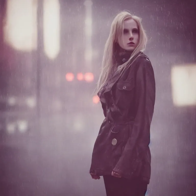 Image similar to cute annie leonhart in a neon city, beautiful face, pale skin, rule of thirds, cinematic lighting, rainy weather, melancholy atmosphere, sharp focus, backlit, model agency, instagram photo, shot on iphone 1 3 pro max, hyper realistic,