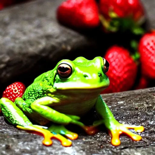 Image similar to a cute frog eating a strawberry, HDR