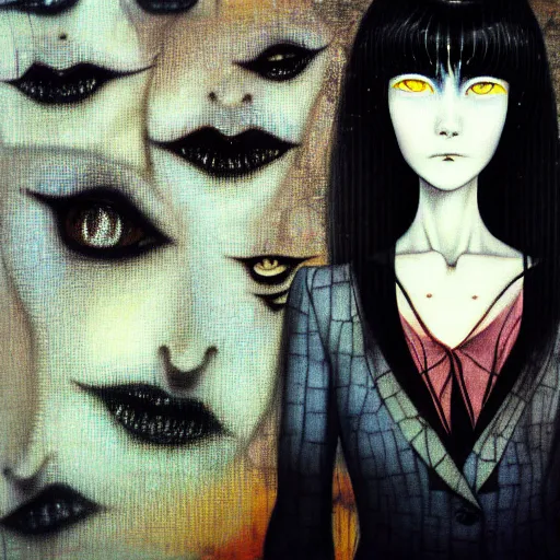 Image similar to yoshitaka amano blurred and dreamy realistic three quarter angle portrait of a young woman with black lipstick and black eyes wearing dress suit with tie, junji ito abstract patterns in the background, satoshi kon anime, noisy film grain effect, highly detailed, renaissance oil painting, weird portrait angle, blurred lost edges