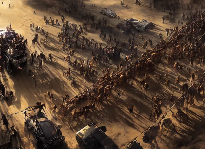 Prompt: overhead view of a the big large expedition with a very crowd of adventurers being brought by gigantic mammals carrying stuff towards the desert of duhnes medium shot, key art by craig mullins, bloom, dramatic lighting, cinematic, high details