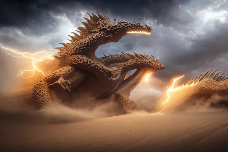 Image similar to sand dragon with lightnings and smoke is fighting against giant wind monster with cyclones, cgsociety, full length, exquisite detail, post - processing, masterpiece, volumetric lighting, cinematic, hypermaximalistic, polarizing filter,, sony a 7 r iv, cinematic, 8 k resolution, beautiful detailed, insanely intricate details, sharp edges, smooth focus, low angle,