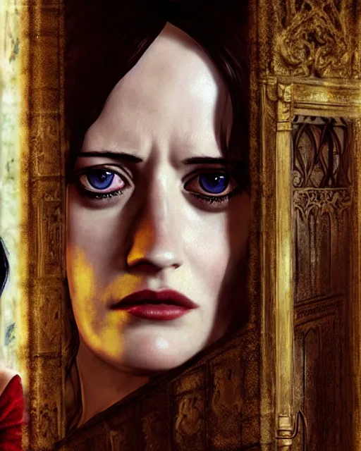 Image similar to character portrait of eva green with gorgeous detailed eyes in a castle, color page, tankoban, 4 k, tone mapping, doll, akihiko yoshida, james jean andrei riabovitchev marc simonetti, yoshitaka amano