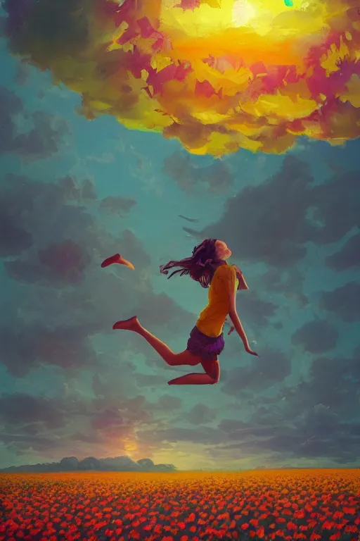 Image similar to giant daisies flower as head, girl jumping in a flower field, surreal photography, sunrise, dramatic light, impressionist painting, colorful clouds, digital painting, artstation, simon stalenhag